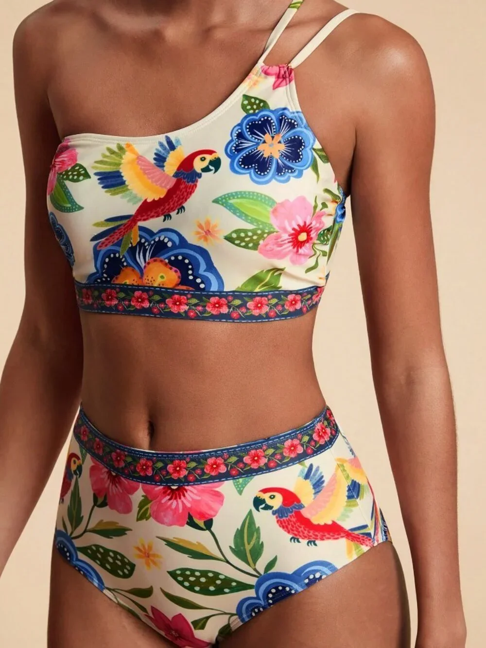 Multicolor Casual Women's Floral Print Asymmetric Neckline Two-Piece Bikini Set